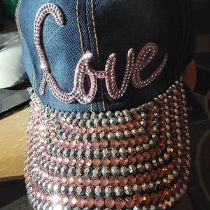 New Blue Jean Rhinestone Pink LOVE Adjustable Baseball Cap